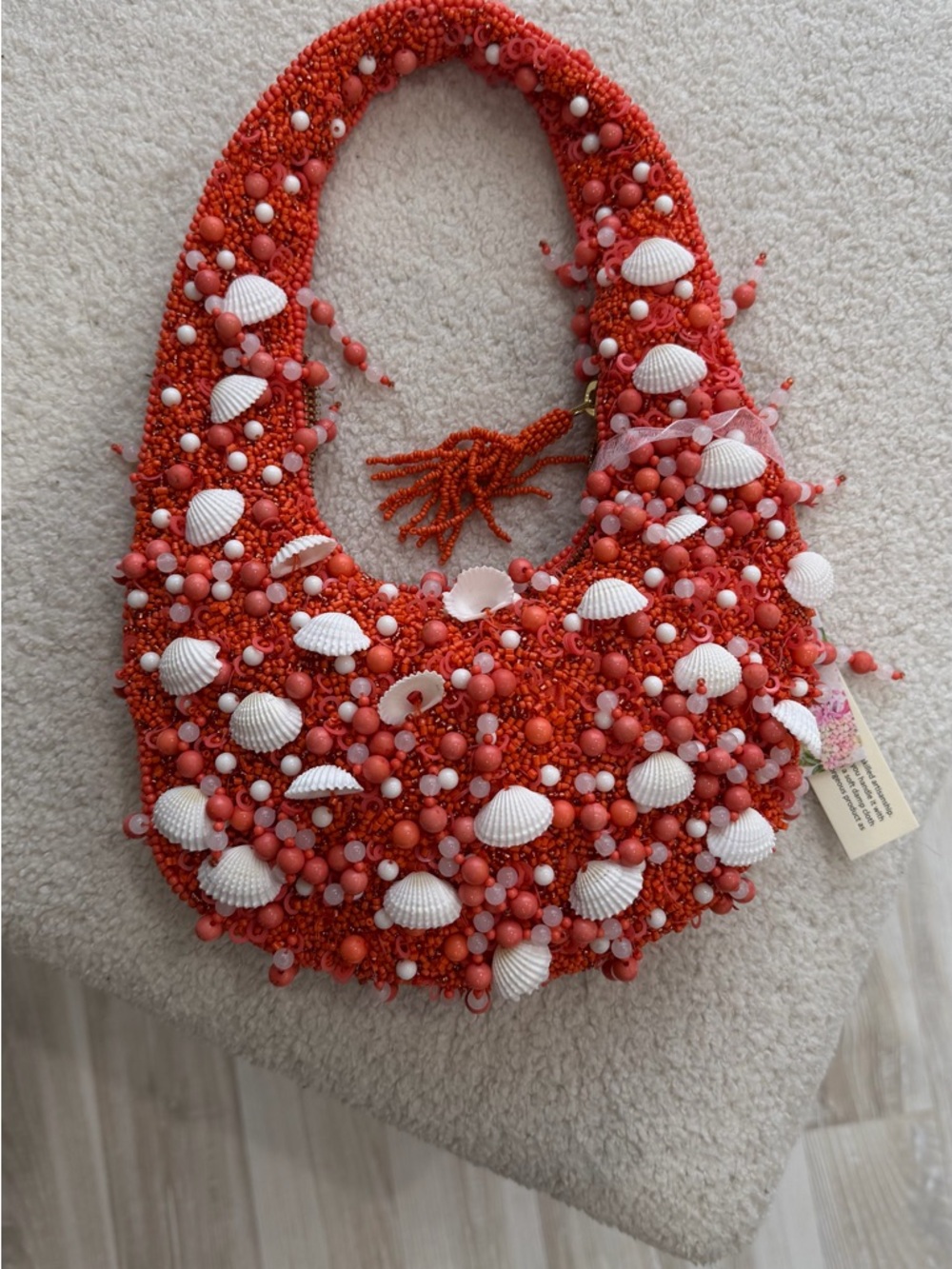 Coral Beaded Shell Embellished Shoulder Bag